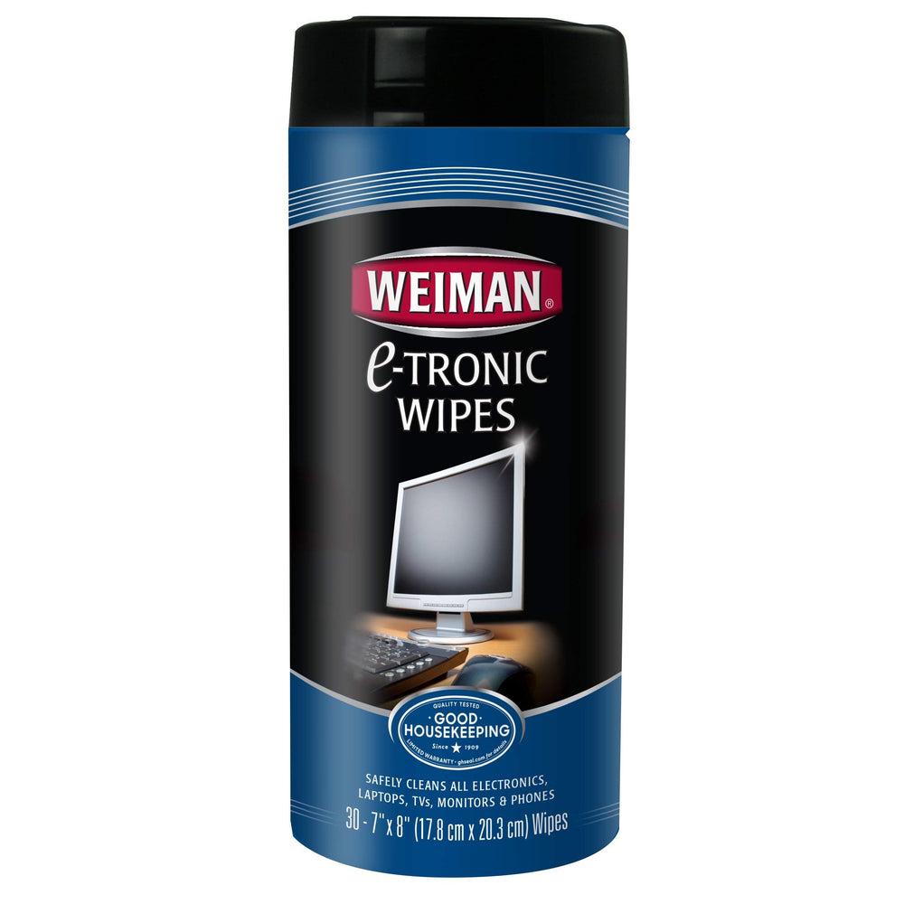 Weiman electronic wipes canister front shows two-pack ready for quick device cleaning.