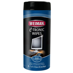 Weiman electronic wipes canister front shows two-pack ready for quick device cleaning.