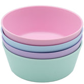 WeeSprout bamboo kids bowls four-pack in pastel colors, ideal for family-friendly meals at home.