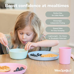 WeeSprout bowls stacked for compact storage, showcasing their space-saving design.