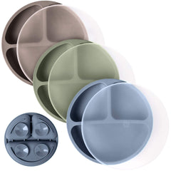WeeSprout suction plate with lids on table showing mess-free dining and secure stability