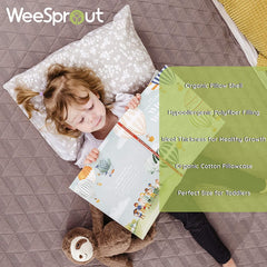 WeeSprout toddler pillow Safari side showing low-profile height for better spinal alignment.