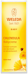 Weleda Calendula Baby Cream tube closeup showing smooth, mild texture for sensitive skin.