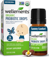 Wellements baby probiotic drops bottle closeup shows easy-use dropper for gut support.