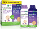 Wellements Organic Gripe Water Day & Night bottle label shows organic formula for gentle tummy comfort.