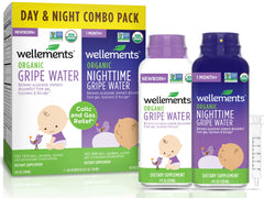 Wellements Organic Gripe Water Day & Night bottle label shows organic formula for gentle tummy comfort.