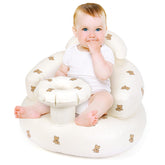 Welltop inflatable baby seat with tray shows easy mealtime setup and toy access.