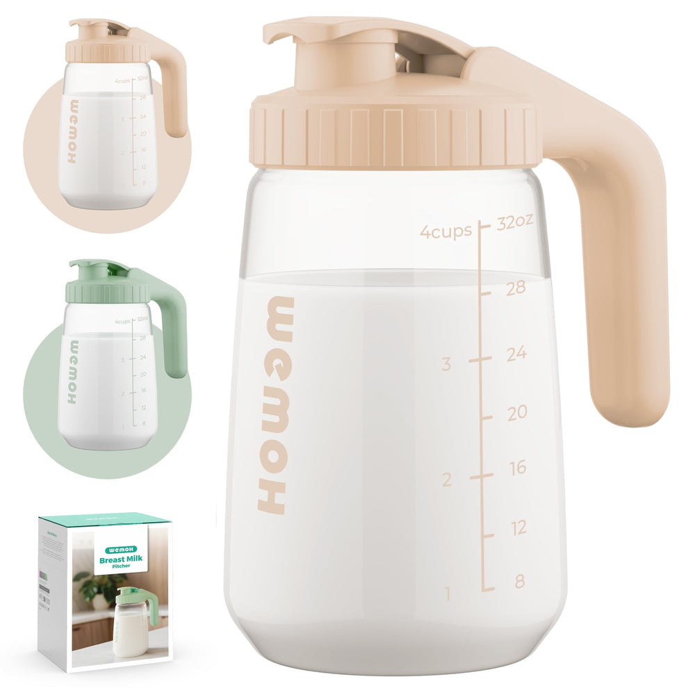 WEMOH 32oz breast milk pitcher pink front view, convenient daily milk prep