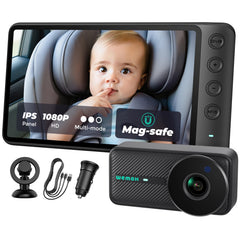 WEMOH NO.1 magnetic baby car camera securely mounted on a car mount for hands-free viewing