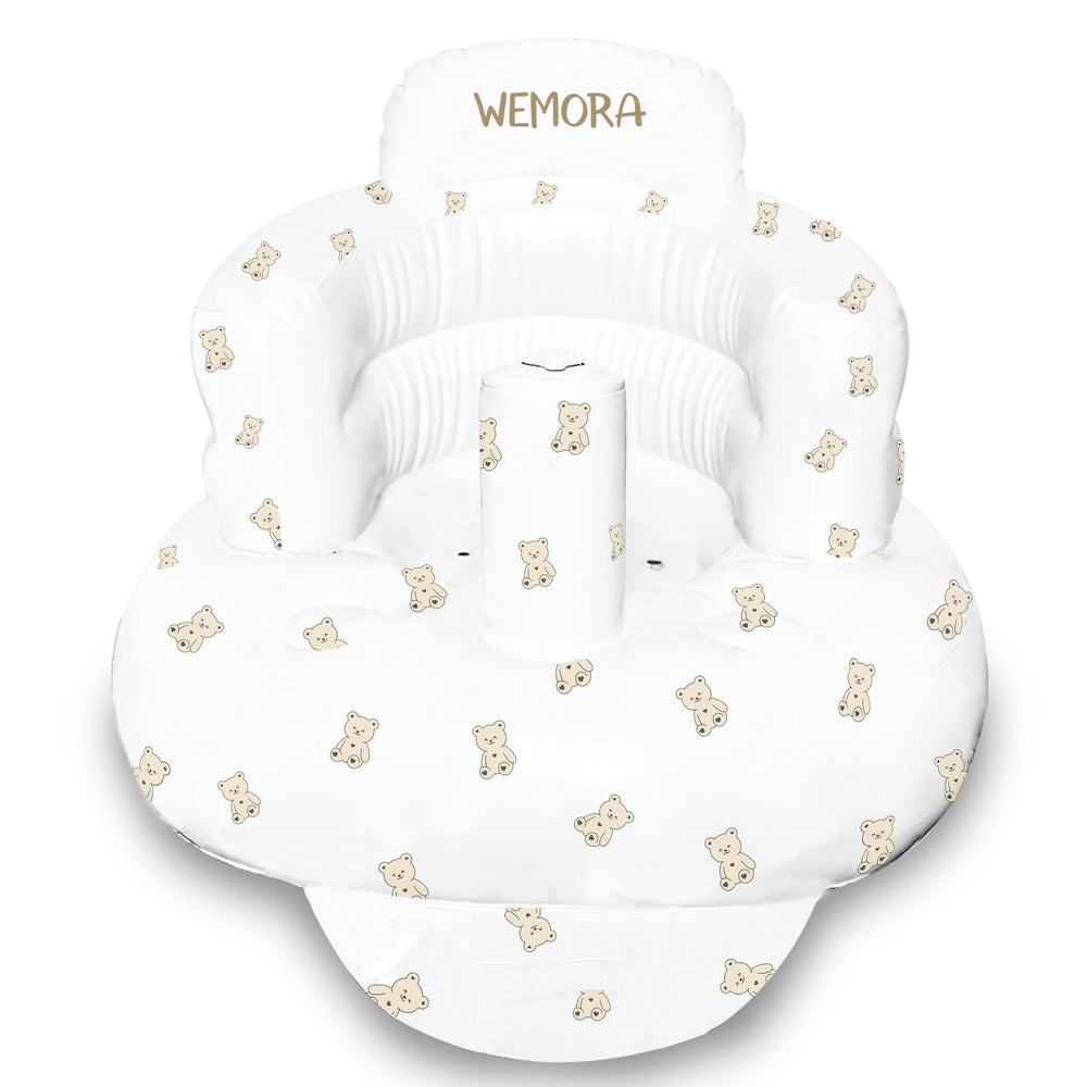 WEMORA inflatable baby seat in white bear with built-in air pump for quick setup.