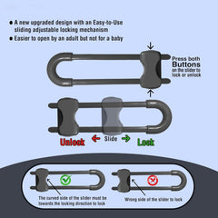 WENPENG sliding cabinet locks installation steps illustrate tool-free mounting on cabinets
