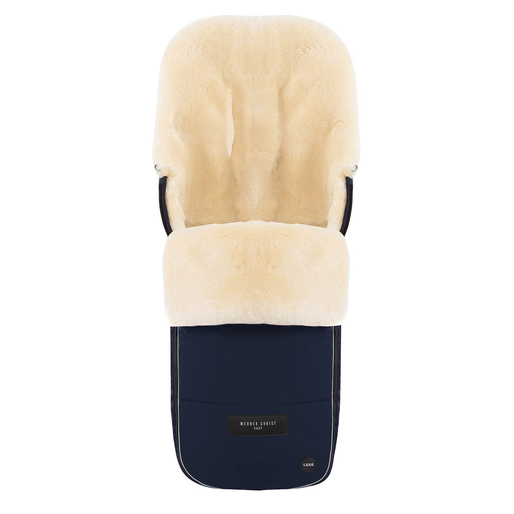 Werner Christ Flims Luxe footmuff navy full view showing universal buggy fit.