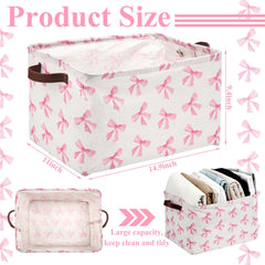 Weysat Coquette Bow Storage Basket pink in closet keeps toys and linens organized.