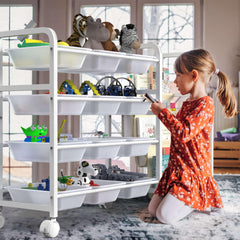 WGOHOSE bookshelf on wheels demonstrates mobile storage in a playroom