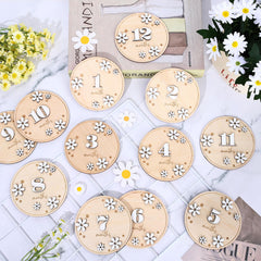 Whaline milestone card daisy wooden 03 documents monthly progress with rustic decor.