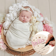 Whaline Hello World newborn sign back side offers DIY space for extra notes