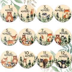 Whaline woodland baby milestone cards with forest animals for monthly photo keepsakes.