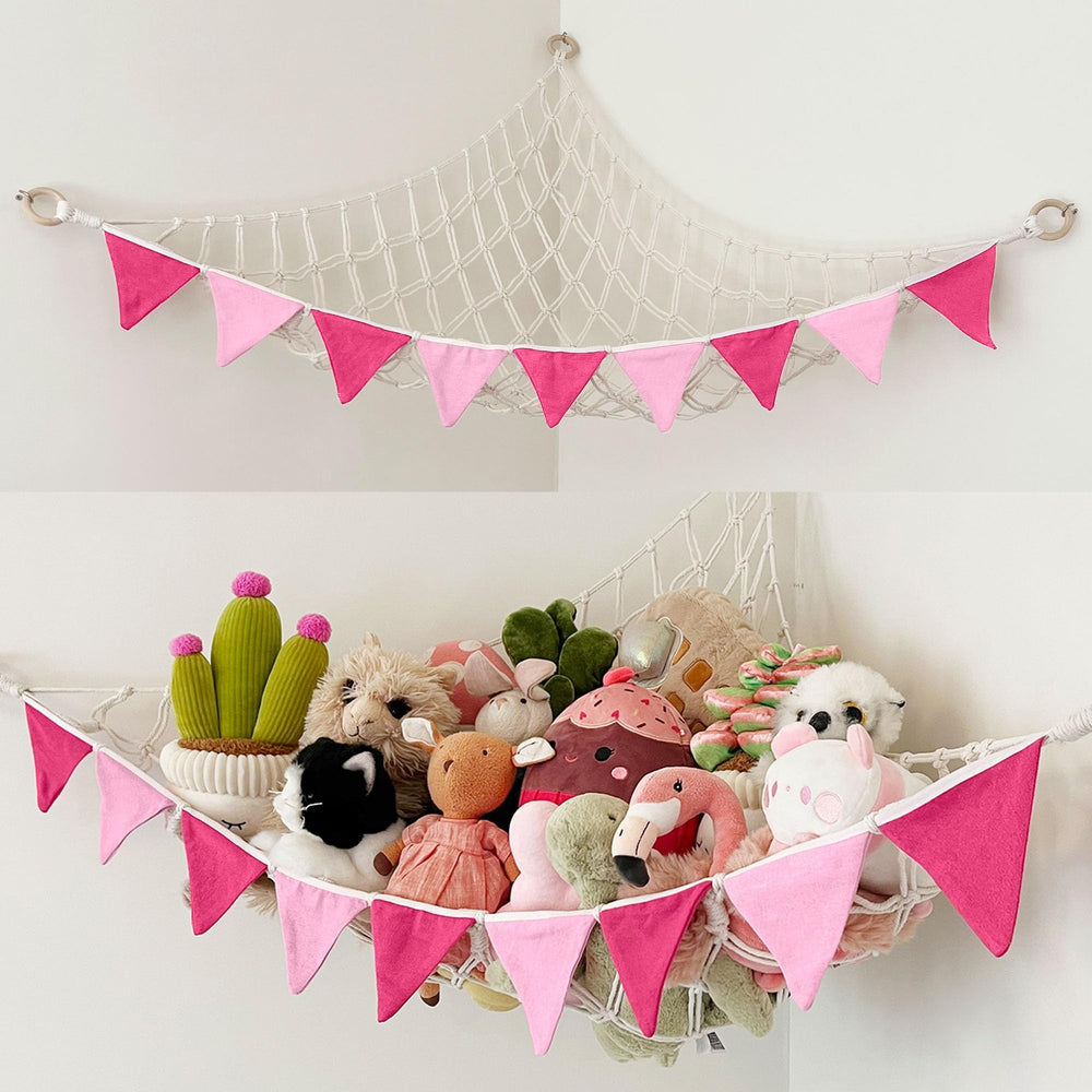 Whimsy Walls stuffed animal hammock pink corner display with playful flags for tidy toy storage