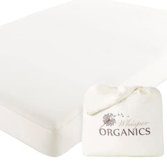 Whisper Organics organic crib mattress protector top view shows soft breathable surface for gentle sleep