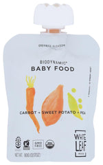 White Leaf Provisions puree pouch featuring carrot, sweet potato, and pea for on-the-go healthy snacking.