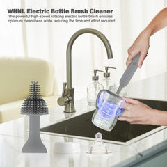 WHNL electric bottle brush attachments demonstrating cleaning nipples, straws, and pacifiers