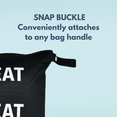 Whole Works wet bag with snap buckle strap offers quick attachment to bags.