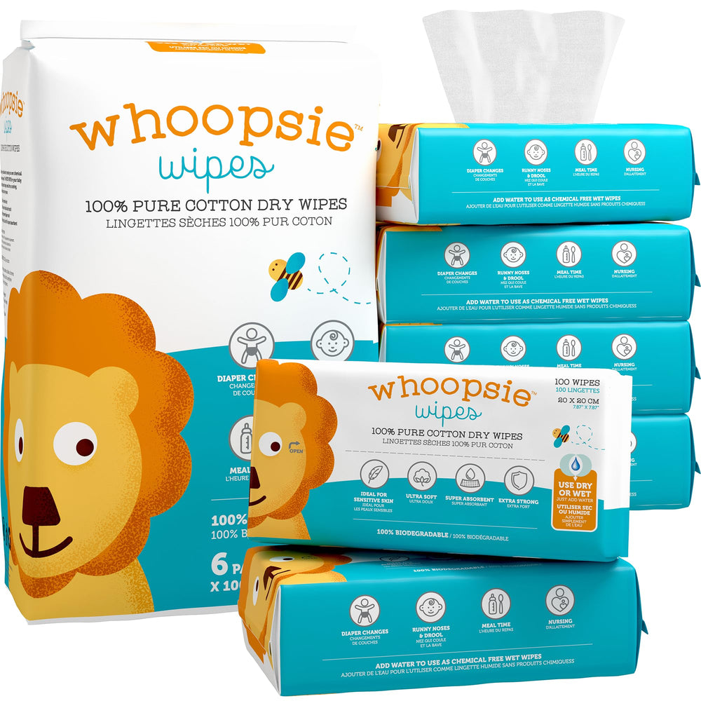 Whoopsie Wipes packaging front highlights 600-count box for diaper changes.