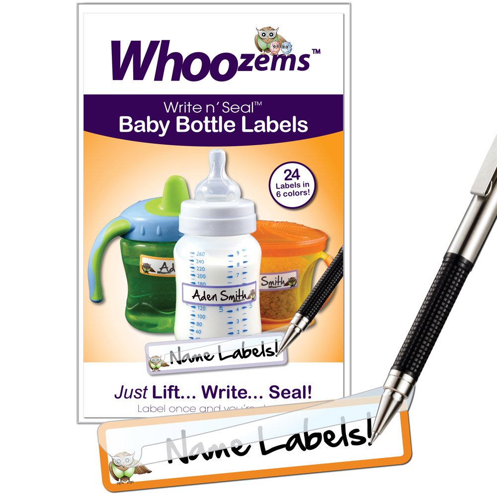 Whoozems baby bottle labels with overlaminate protection for moisture resistance.