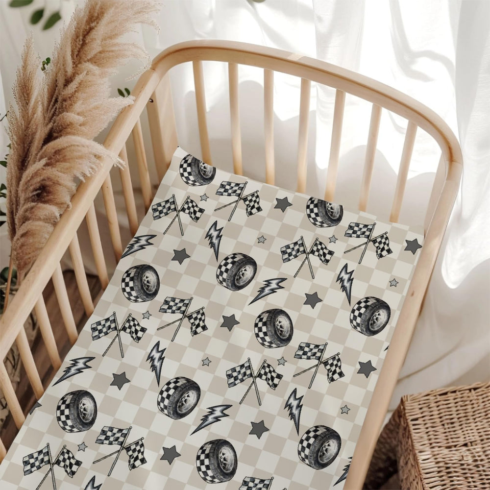 Wicbfdfv race car flag crib sheet adds bold style and easy nighttime changes