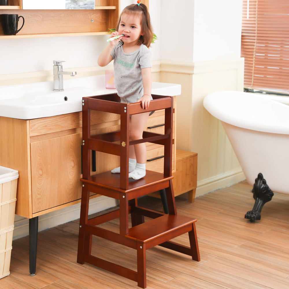 Wiifo Kids Kitchen Step Stool with safety rail in walnut facilitates toddler counter access
