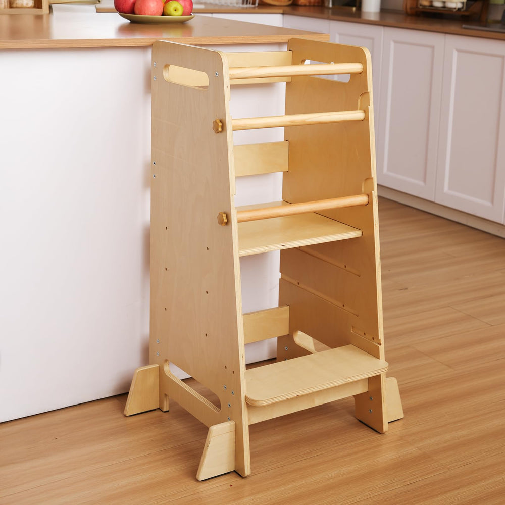 Wiifo kitchen step stool assembled in natural wood for stable toddler use.