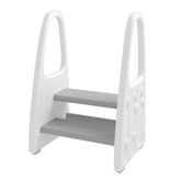 Wiifo toddler step stool gray beside bathroom sink shows sturdy safety handles for stable grooming.