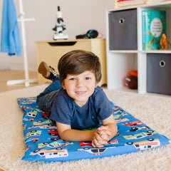 Wildkin Heroes nap mat cover folded closeup highlights strong stitching and durability