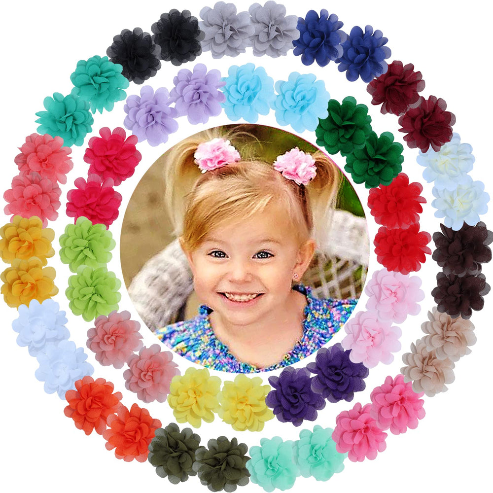 WillingTee 50pcs chiffon flower hair bows pack shows vibrant color options for outfits.