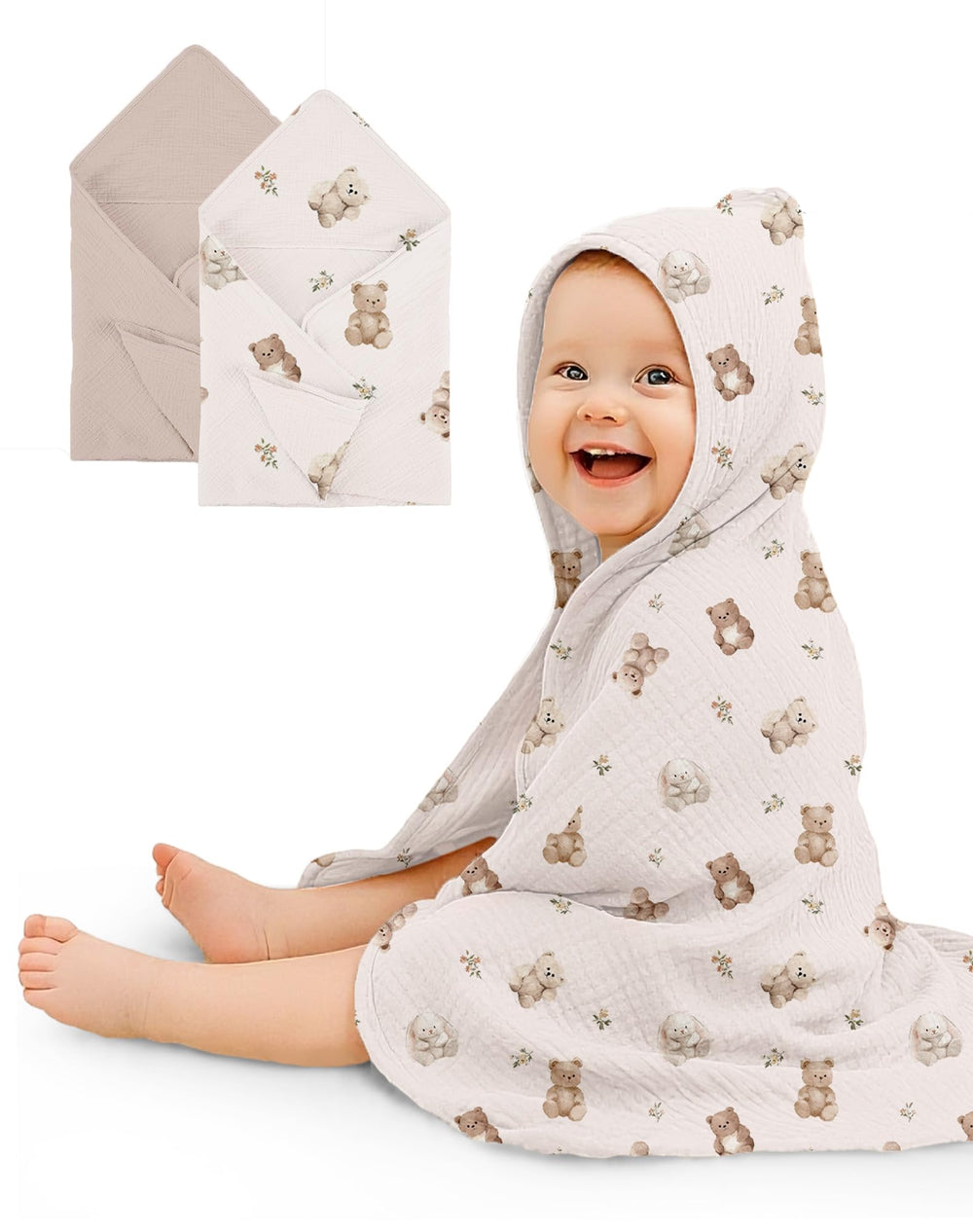Wimist hooded baby towels Teddy & Friends pattern for cozy post-bath snuggles.