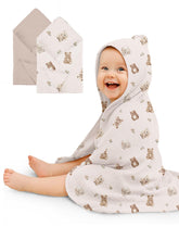Wimist hooded baby towels Teddy & Friends pattern for cozy post-bath snuggles.