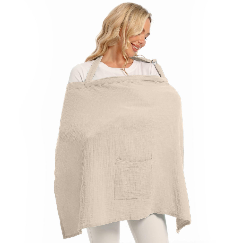 Wimist muslin nursing cover beige fabric closeup highlights breathable texture for comfortable breastfeeding.