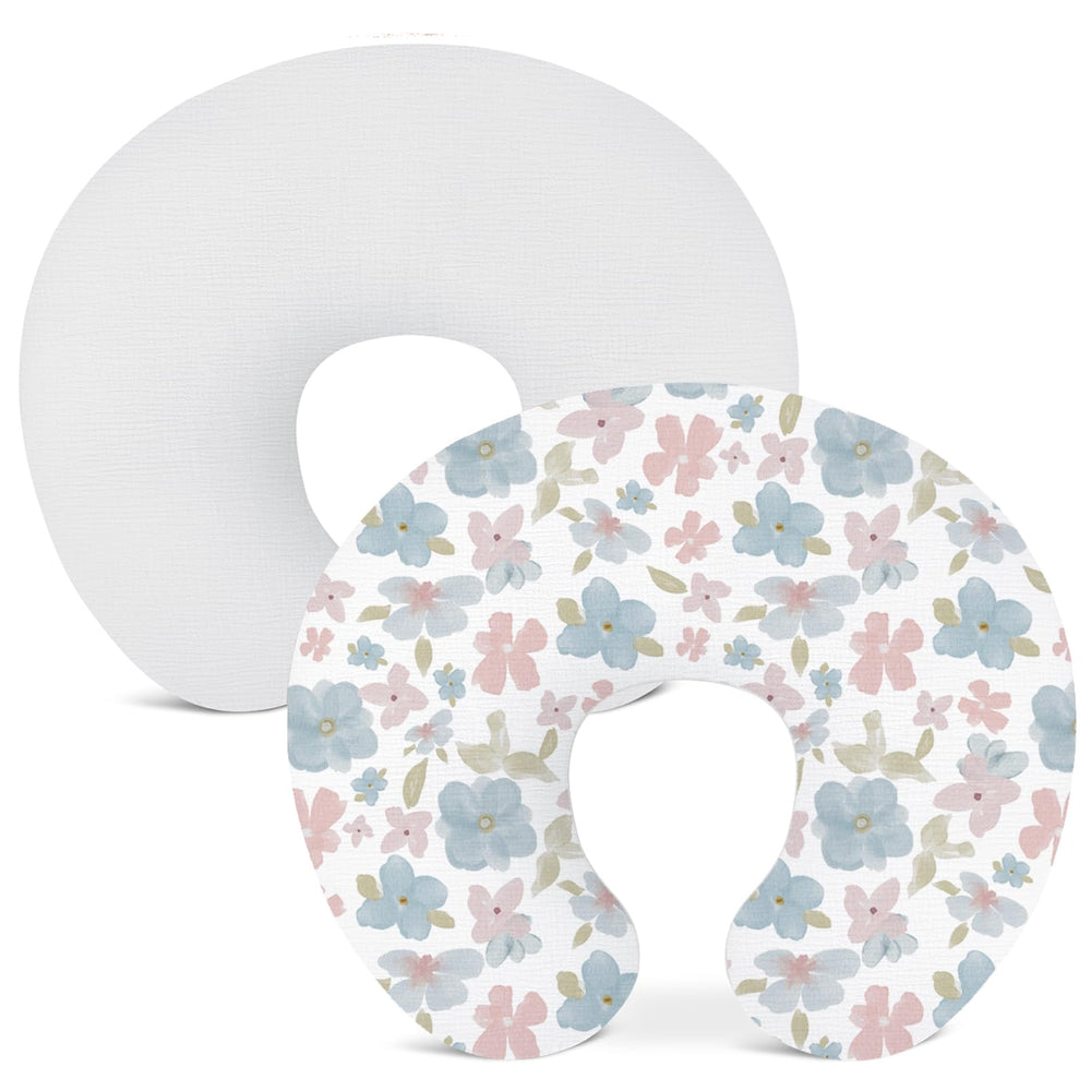 Wimist nursing pillow cover 2pack front view showing floral design and breathable muslin for comfortable feeds.