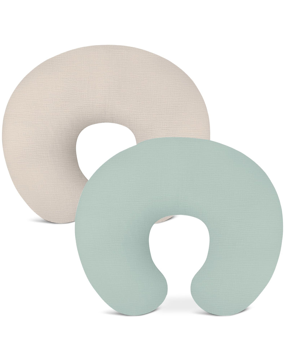 Wimist nursing pillow cover beige close-up shows breathable muslin fabric for gentle feeding.