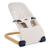 Winchild baby bouncer in beige wood-grain seat, ergonomic comfort for tiny backs