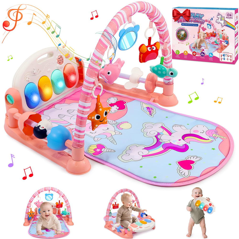 Windidi baby gym with detachable piano and sea toys promotes tactile and auditory sensory play.