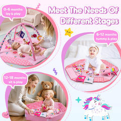 Windidi Unicorn Baby Gym toys display includes sensory items and mirror to spark exploration.