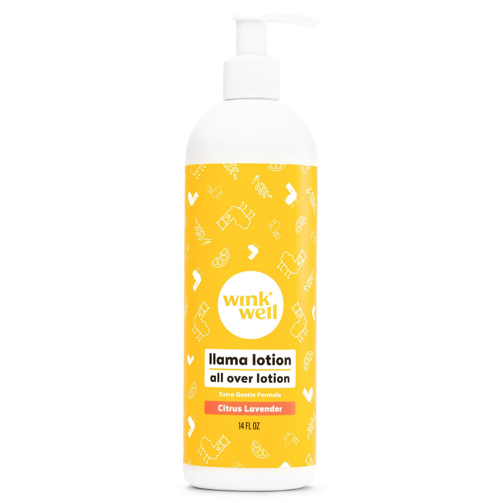 Wink Naturals Wink Well Llama Baby Lotion bottle provides gentle hydration for dry skin.