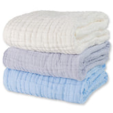 WinReal muslin baby towels set pack shot shows triple-pack for bath time use