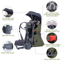 WIPHA Baby Backpack Carrier safety system helps secure baby during active days outside.