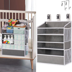 WishJazz XL diaper caddy mounted on crib showing secure installation for quick access