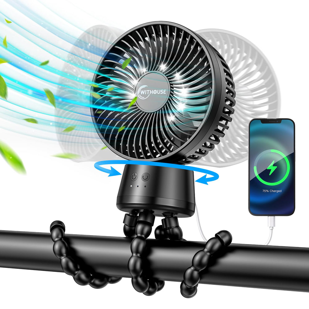 WITHOUSE 20000mAh portable stroller fan clip-on delivering steady airflow on the go