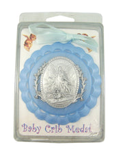 WJH guardian angel close-up on blue crib medal adds nursery charm