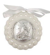 WJH moulded acrylic white crib medal with guardian angel centerpiece for peaceful nursery decor.