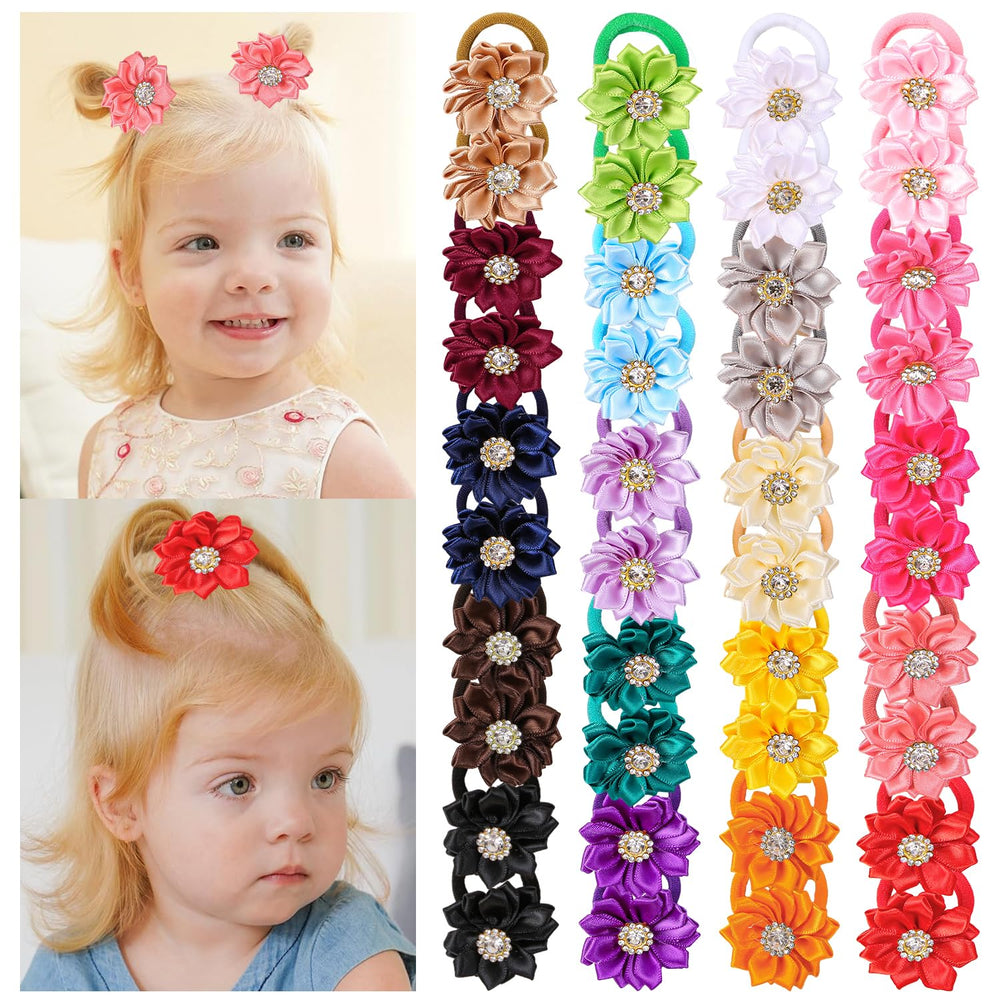 WJYX BOWS flower hair tie with rhinestone center adds girly sparkle to cute hairstyles.